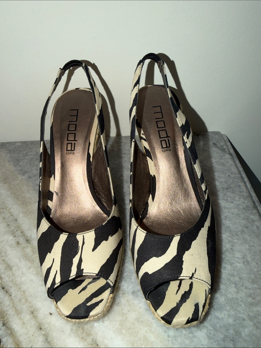 Moda Spana Black and Beige Zebra Print Slingback Wedges